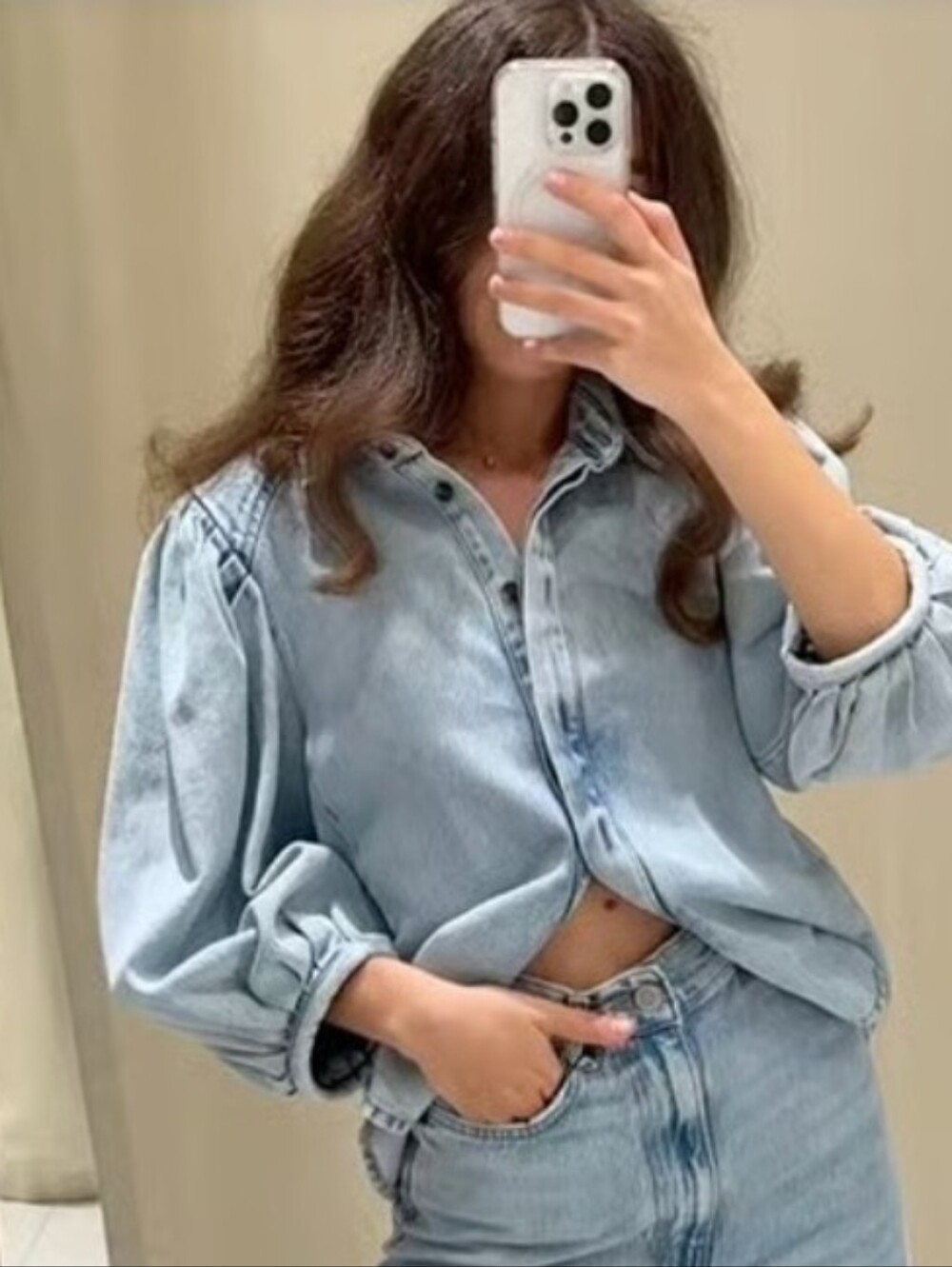 Zara ZW COLLECTION DENIM BLOUSE Puff sleeves Light Blue Size XS NWT 7563/059